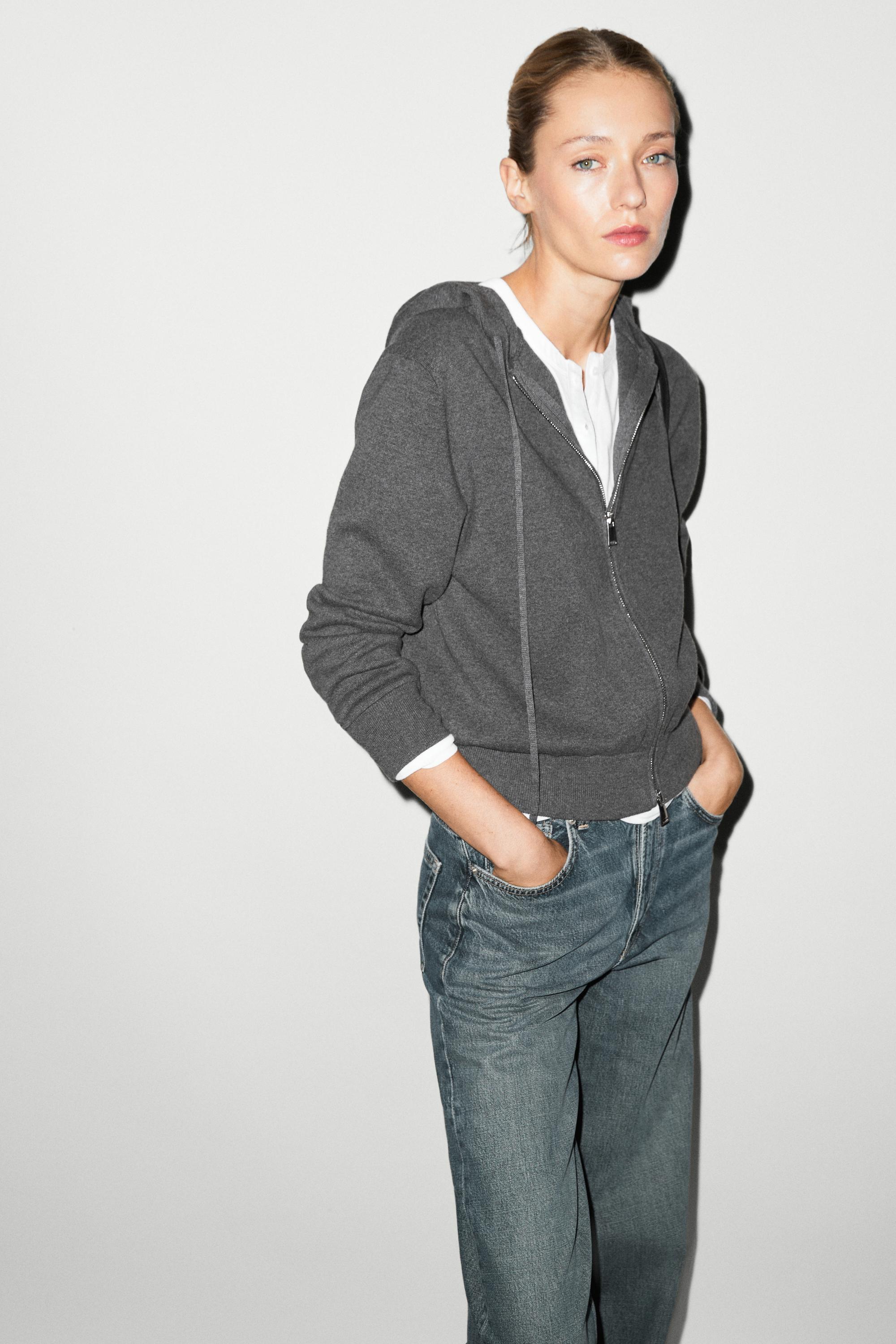 Cotton blend knit hooded cardigan